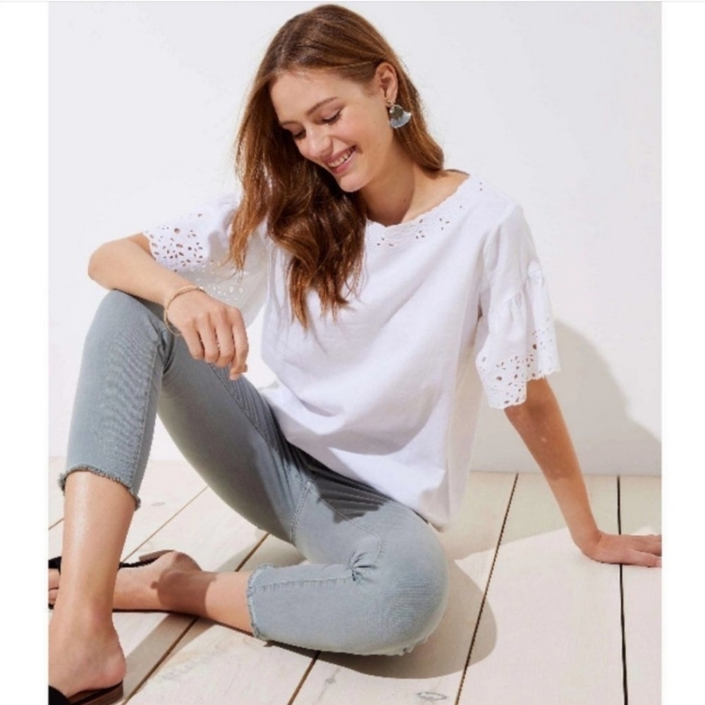 LOFT White Linen Blend Floral Eyelet Broderie Flutter Sleeve Blouse Top - XS